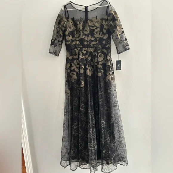 Adrianna Papell Black and Gold Lace Mesh Dress Long Sleeves Gown Size 12 - Picture 6 of 16